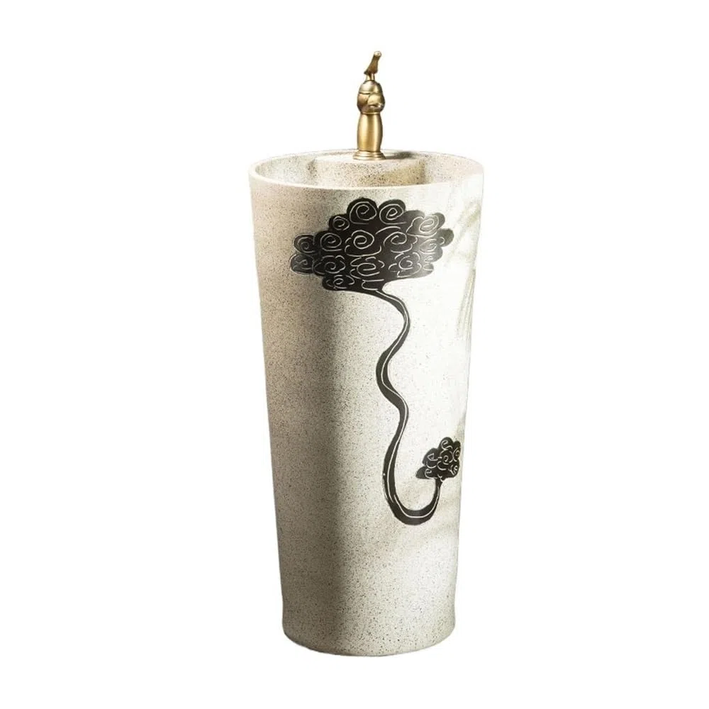 Fregadero de pie retro con grifo y kit de drenaje, elegante lavabo de cerámica para baño, estilo vintage, fácil instalación, diseño que ahorra espacio