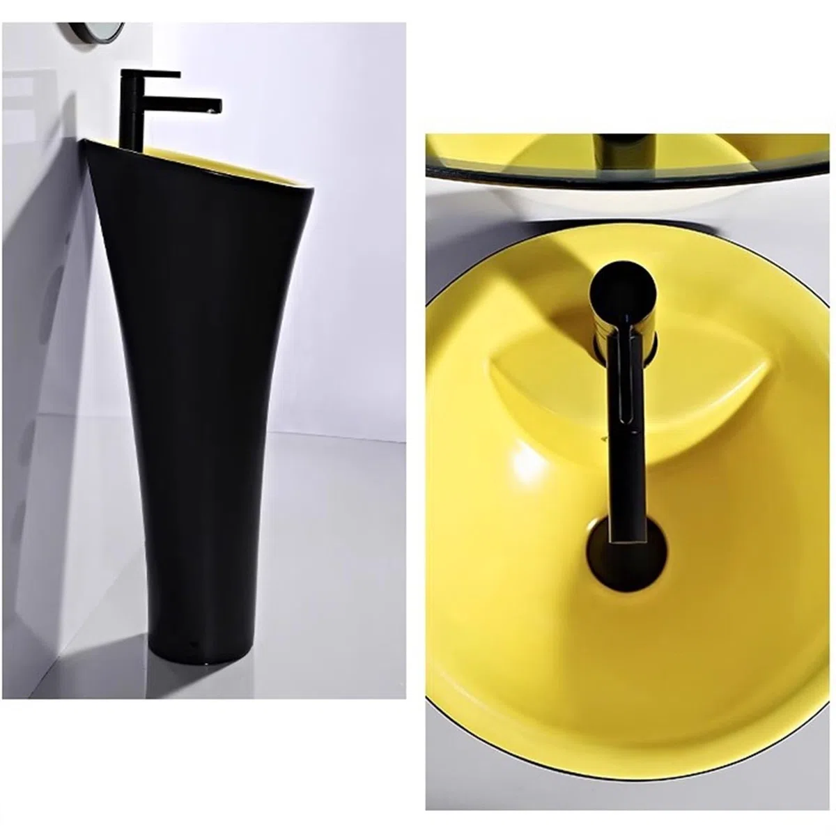 XBTGS Lavabo de columna de una pieza con agujero de desbordamiento, lavabo de pie con grifo y kit de drenaje, moderno lavabo de cerámica con pedestal artístico, color amarillo