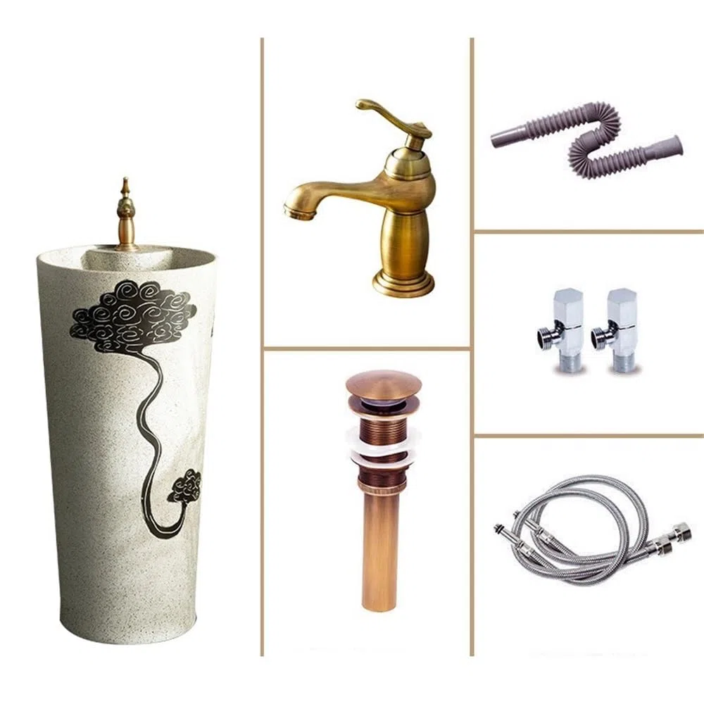 Fregadero de pie retro con grifo y kit de drenaje, elegante lavabo de cerámica para baño, estilo vintage, fácil instalación, diseño que ahorra espacio