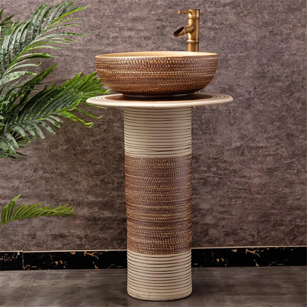 Fregadero de pedestal retro con grifo y kit de drenaje, lavabo de cerámica para baño y patio, elegante diseño vintage, duradero y fácil de instalar