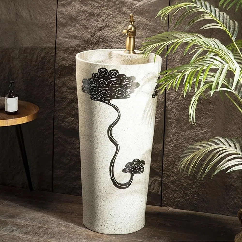 Fregadero de pie retro con grifo y kit de drenaje, elegante lavabo de cerámica para baño, estilo vintage, fácil instalación, diseño que ahorra espacio