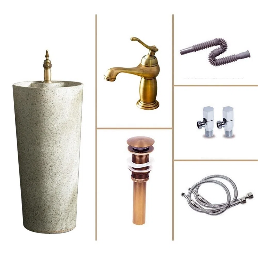 Fregadero de baño independiente con kit de drenaje y fau integrado para exteriores, lavabo de pedestal Vani para baños modernos, diseño de ahorro de espacio, fácil instalación