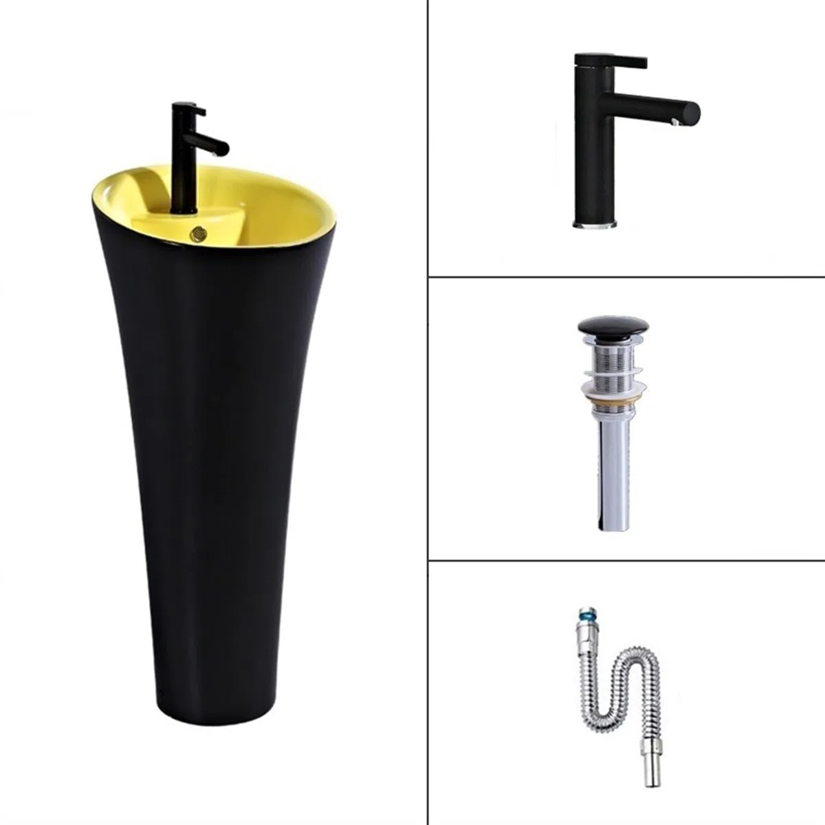 XBTGS Lavabo de columna de una pieza con agujero de desbordamiento, lavabo de pie con grifo y kit de drenaje, moderno lavabo de cerámica con pedestal artístico, color amarillo