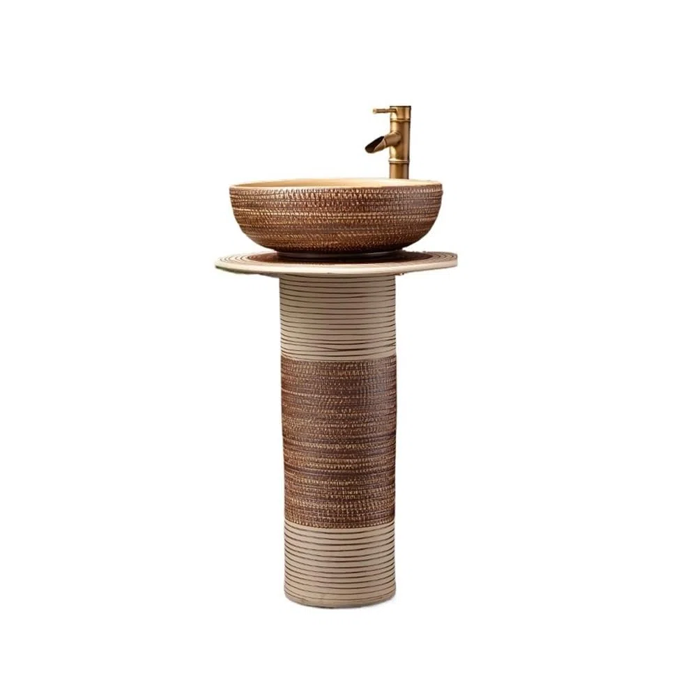 Fregadero de pedestal retro con grifo y kit de drenaje, lavabo de cerámica para baño y patio, elegante diseño vintage, duradero y fácil de instalar