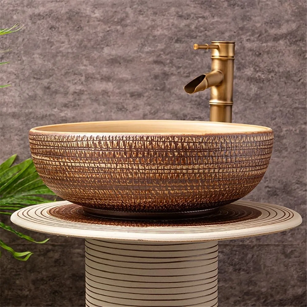 Fregadero de pedestal retro con grifo y kit de drenaje, lavabo de cerámica para baño y patio, elegante diseño vintage, duradero y fácil de instalar