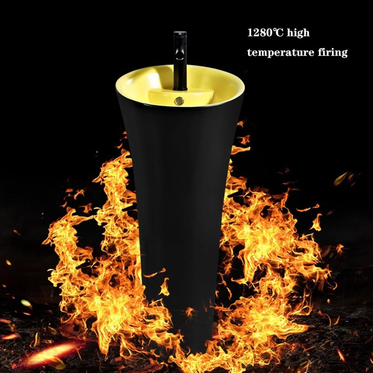 XBTGS Lavabo de columna de una pieza con agujero de desbordamiento, lavabo de pie con grifo y kit de drenaje, moderno lavabo de cerámica con pedestal artístico, color amarillo