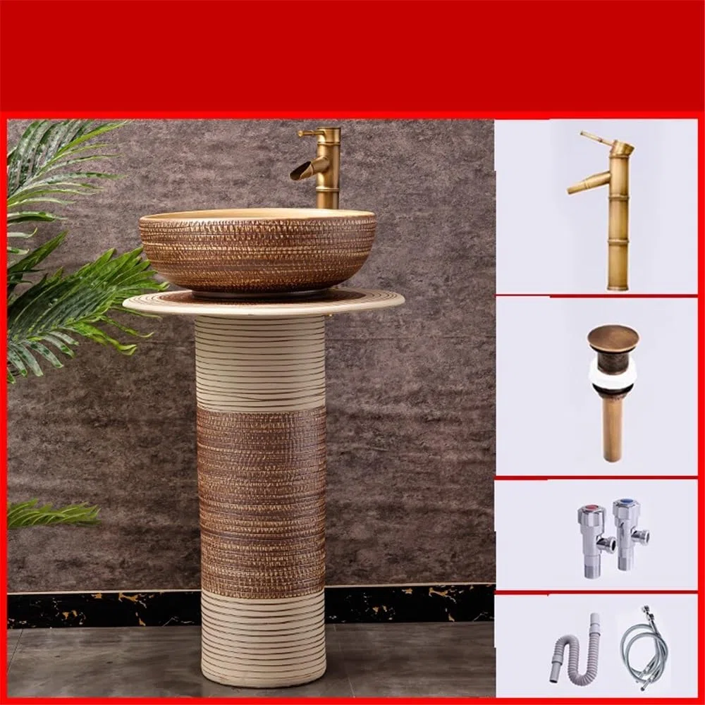 Fregadero de pedestal retro con grifo y kit de drenaje, lavabo de cerámica para baño y patio, elegante diseño vintage, duradero y fácil de instalar