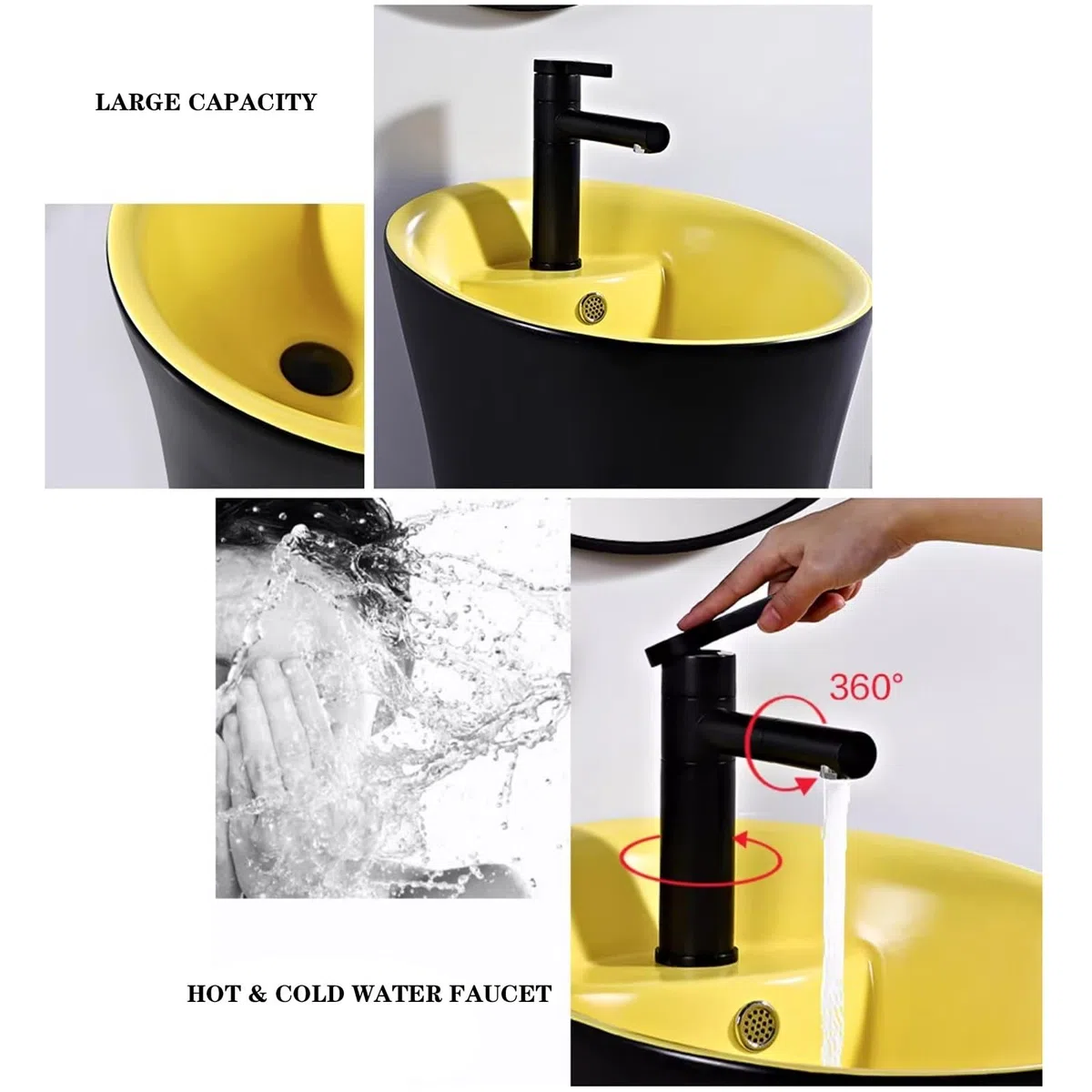 XBTGS Lavabo de columna de una pieza con agujero de desbordamiento, lavabo de pie con grifo y kit de drenaje, moderno lavabo de cerámica con pedestal artístico, color amarillo